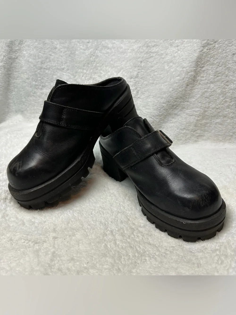 Harley-Davidson Black Leather Platform Clogs Mules Lug Sole Women’s Size 9